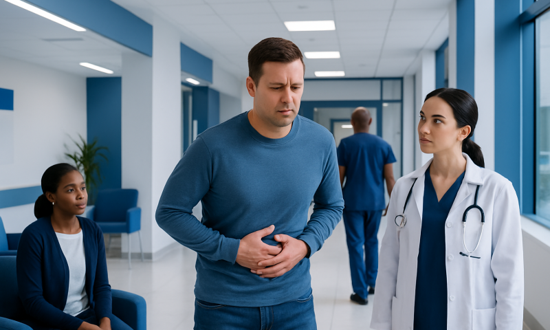 Man experiencing abdominal pain in a hospital corridor with medical staff nearby.