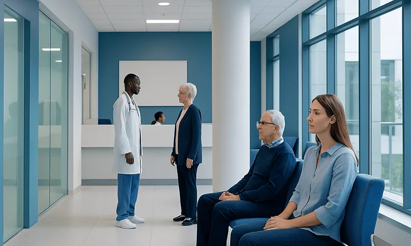 Doctor consulting with elderly patient and visitors in hospital waiting area.