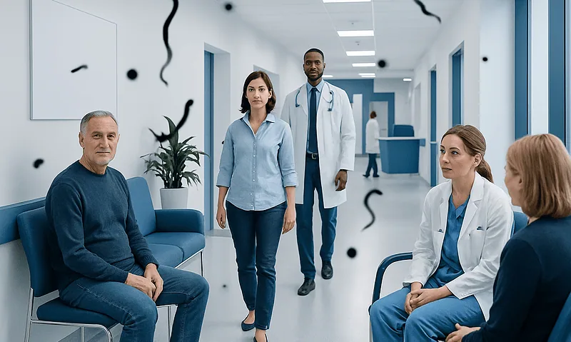 Patients and doctors in a hospital corridor with floating black specks.
