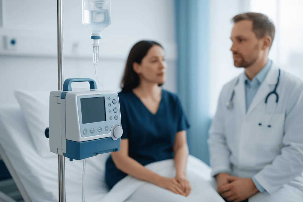 Doctor consulting patient in hospital room with IV drip and medical monitor.