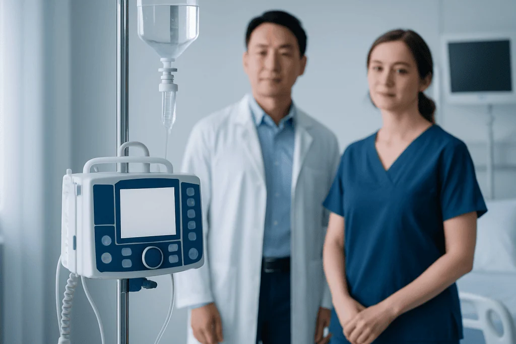 Medical professionals in a hospital room with IV equipment and monitors.