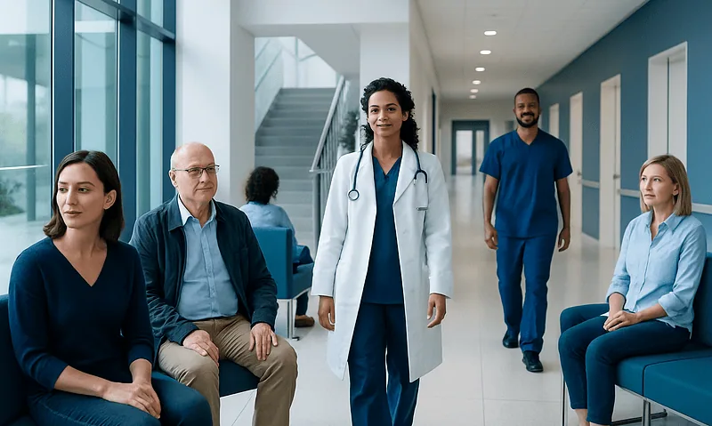 Diverse medical team in hospital corridor with patients and staff.