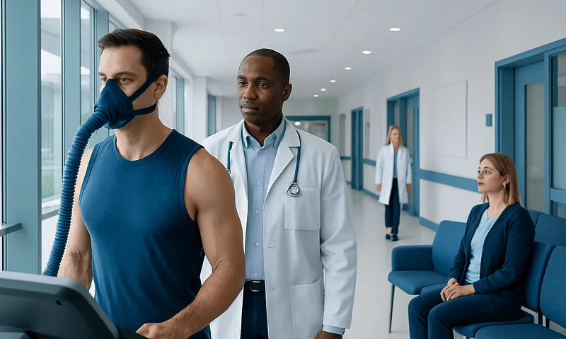 Patient undergoing a VO2 max test with medical staff in a hospital corridor.