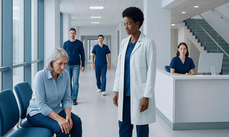 Doctor consulting elderly patient in hospital corridor.