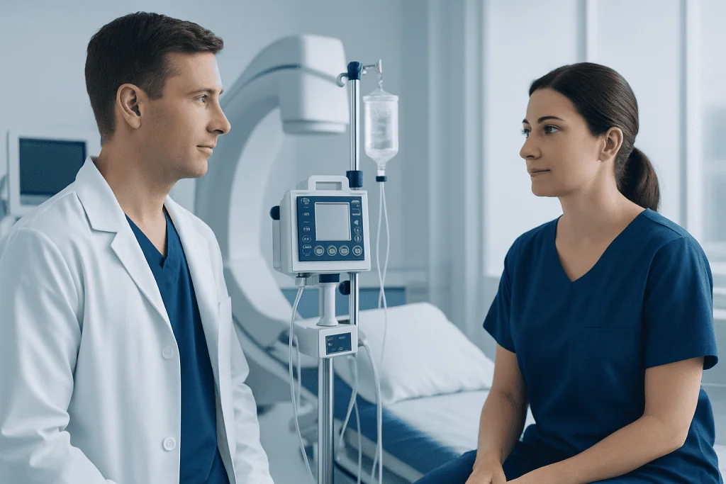 Doctor and nurse in hospital room with medical equipment.