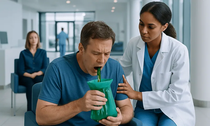 Patient experiencing vomiting green emesis in a hospital setting.