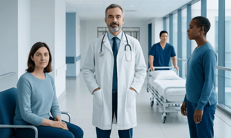 Doctor with patients in a hospital corridor with a hospital bed in the background.