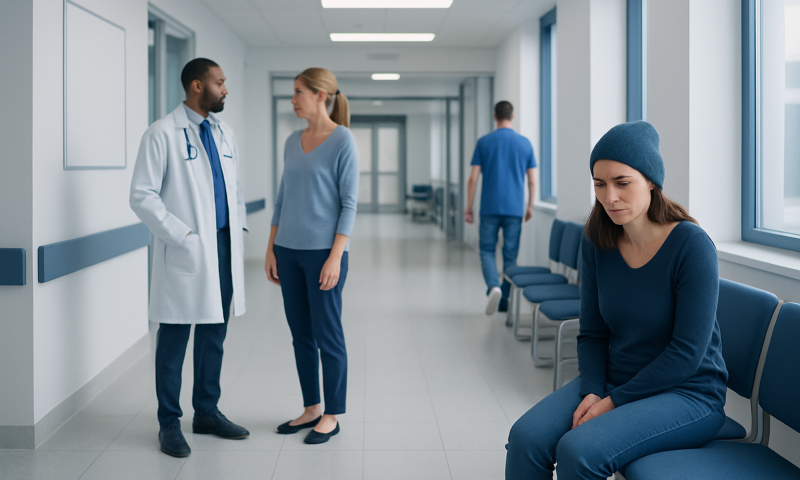 Understanding Vulvar Dermatitis: A Complete Patient Guide 11 Young woman sitting alone in hospital corridor, looking worried.