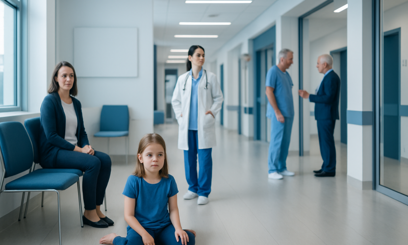 Children and healthcare professionals in a hospital corridor.