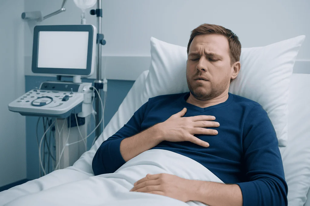 Man experiencing chest discomfort in hospital bed with medical equipment nearby.