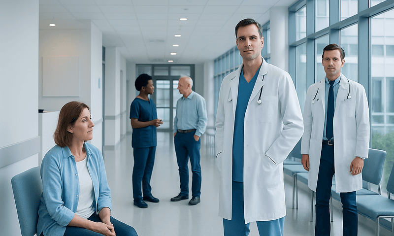 Medical team in hospital corridor with patient and doctors.