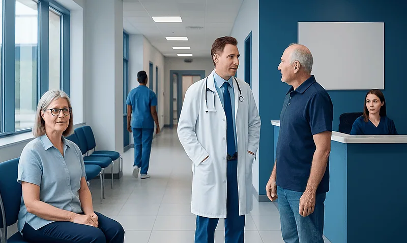 Doctor consulting with a patient in a hospital corridor with waiting area.