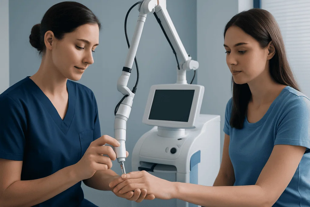 Doctor treating a patient's hand with advanced medical equipment at Acibadem Hospital.