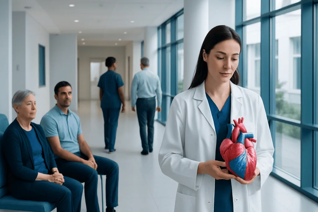 Water Around the Heart — Explained by Medical Evidence, Not Myths 1 Doctor holding a model of a human heart in a hospital corridor.