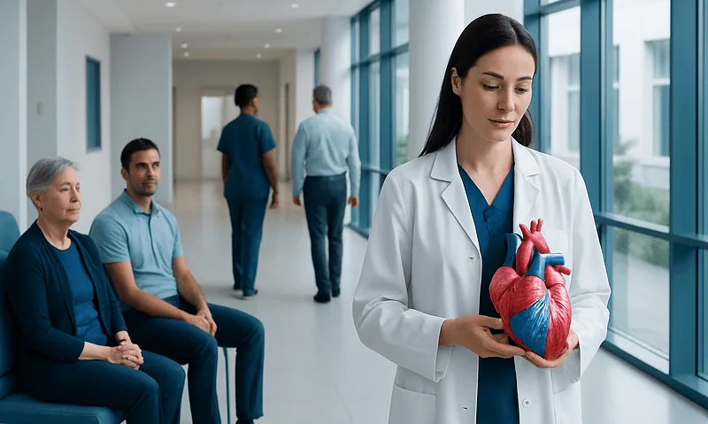 Doctor holding a model of a human heart in a hospital corridor.