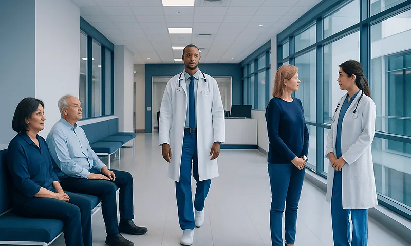 Medical professionals and patients in a hospital corridor at Acibadem Hospitals Group.