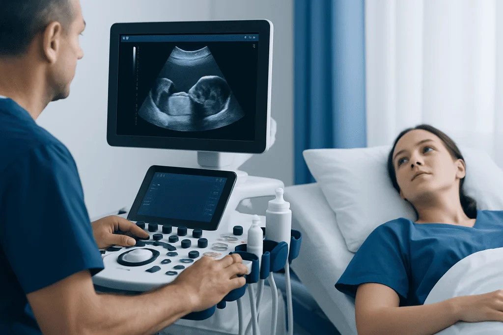 Medical professional performing an ultrasound on a young girl in a hospital bed.