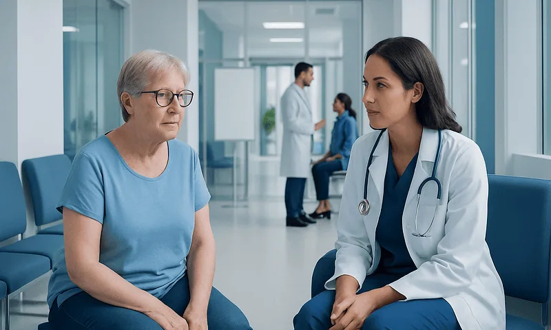 Doctor consulting elderly woman in hospital corridor.