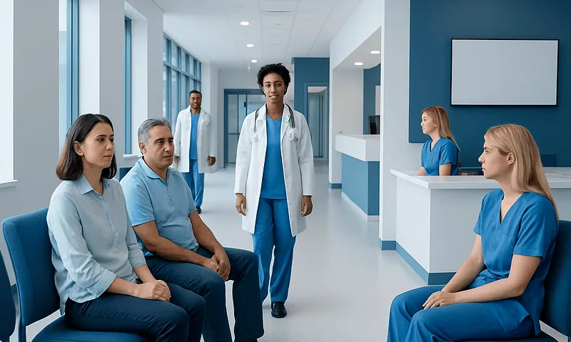 Medical team discussing patient care in hospital corridor.