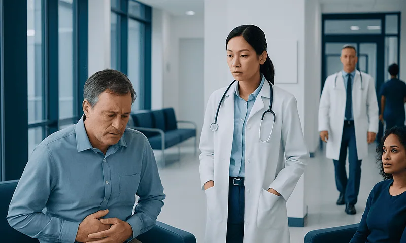 Doctor examining a patient in a hospital waiting area.