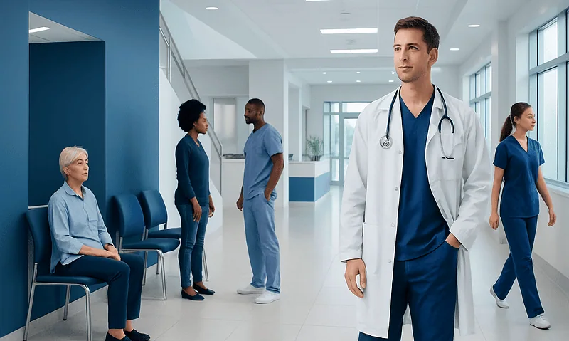 Healthcare professionals and a doctor in a modern hospital corridor.