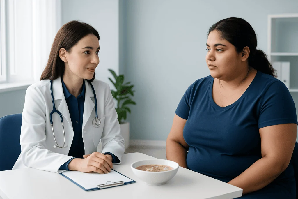Doctor consulting with patient about health in a clinical setting.