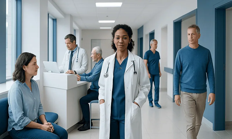 Healthcare professionals and patients in a modern hospital corridor.