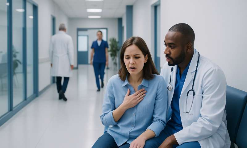 Patient experiencing difficulty breathing in hospital corridor with doctor support.
