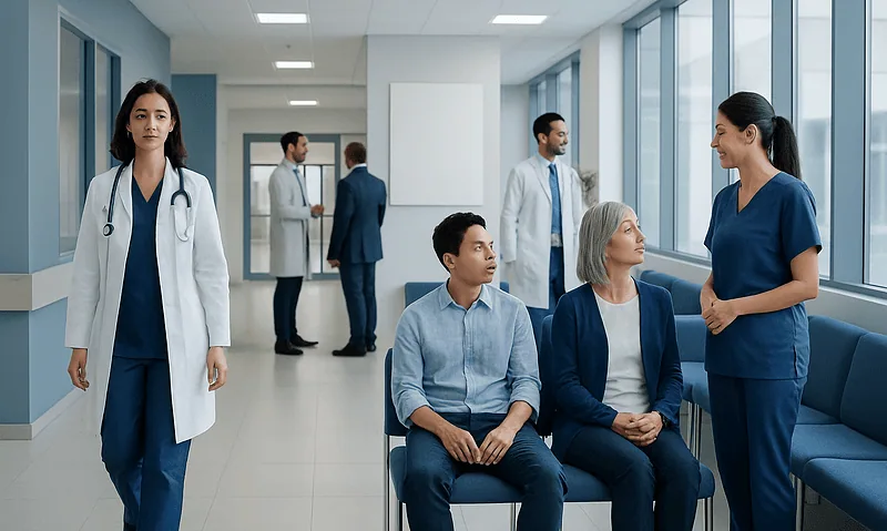 Healthcare professionals and patients in a modern hospital corridor.