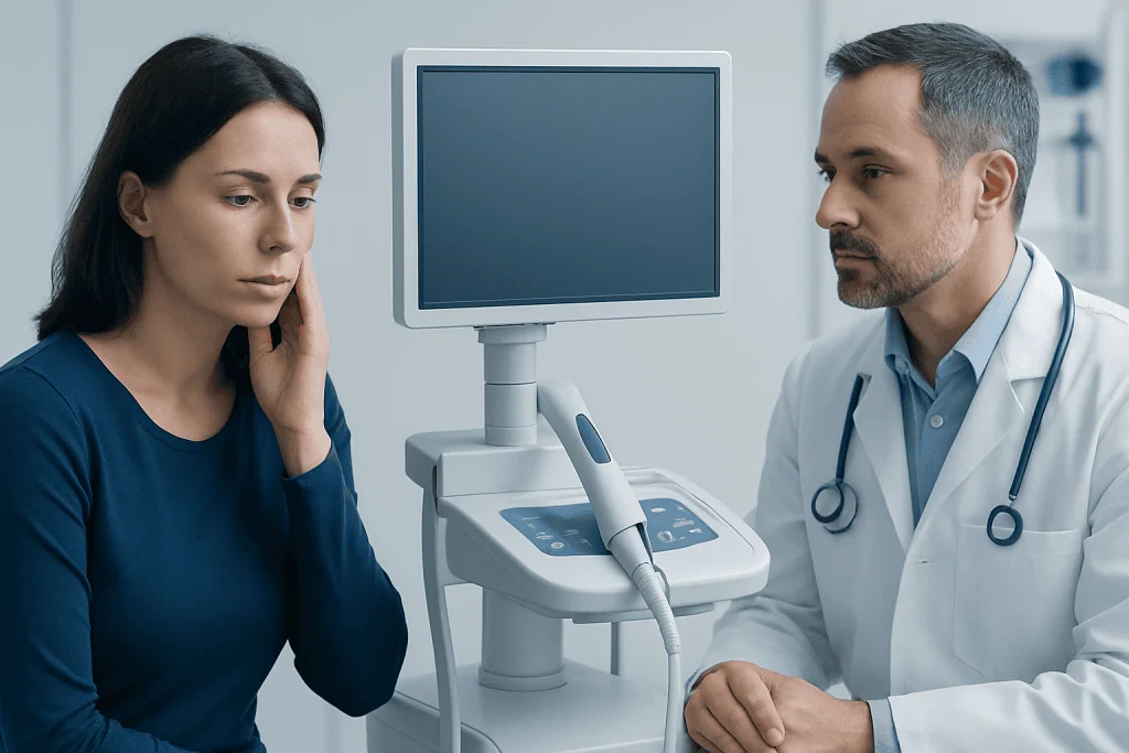 Doctor consulting with a patient in a medical examination room.