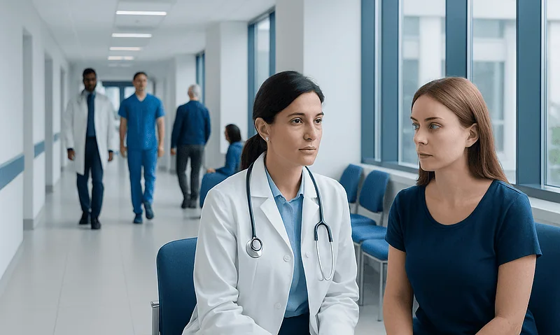 Doctor consulting patient in hospital corridor with medical staff in background.