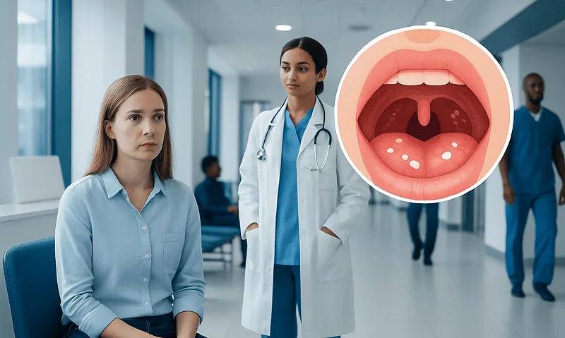 Doctor examining a patient with white spots on tonsils in a hospital setting.