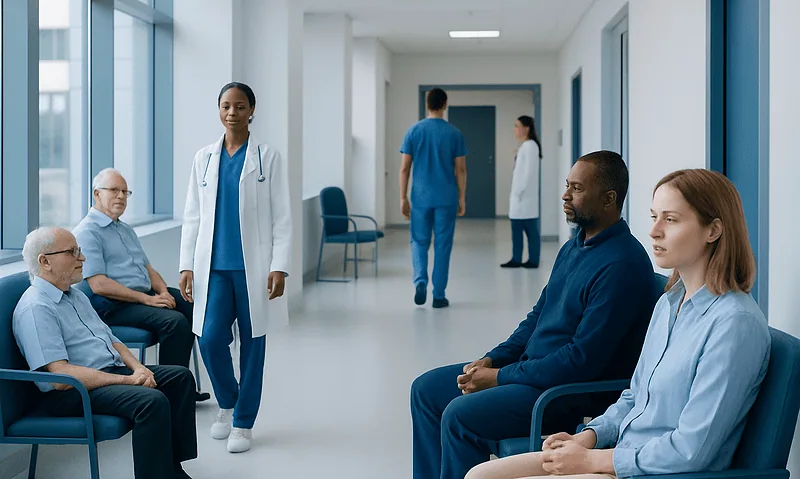 Medical consultation in hospital corridor with diverse patients and staff.