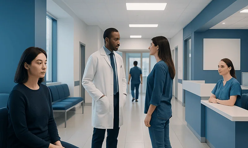 Medical consultation in hospital corridor with healthcare professionals and patient.