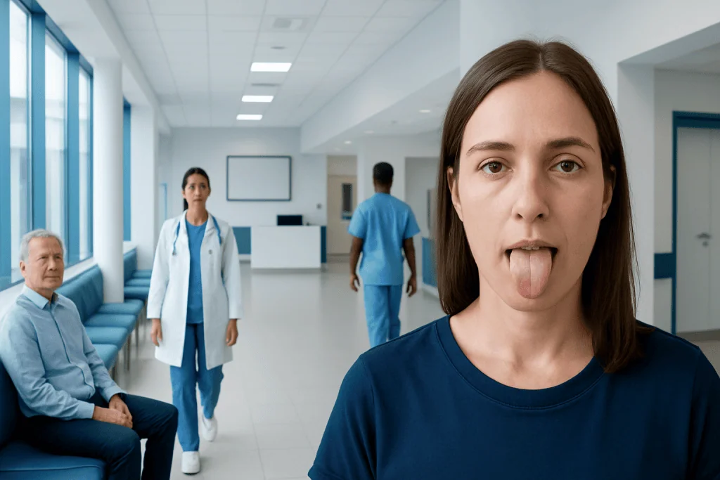 White Tongue Indicates: What Patients Need to Know 1 Young woman showing her tongue in a medical clinic setting.