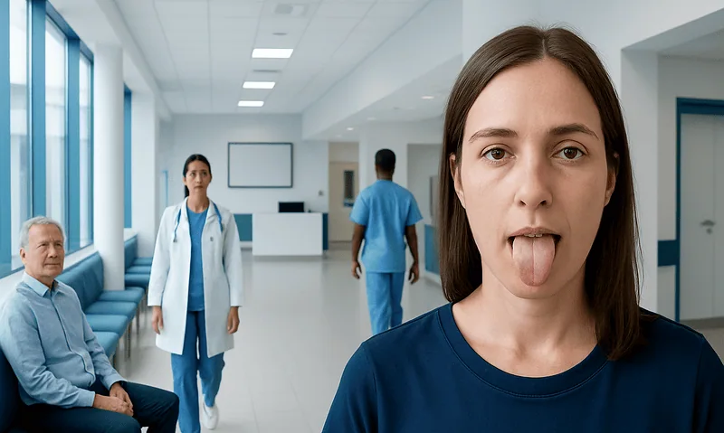 Young woman showing her tongue in a medical clinic setting.