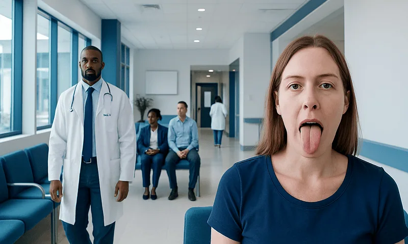 Young woman with tongue out in a hospital corridor with doctors and patients.