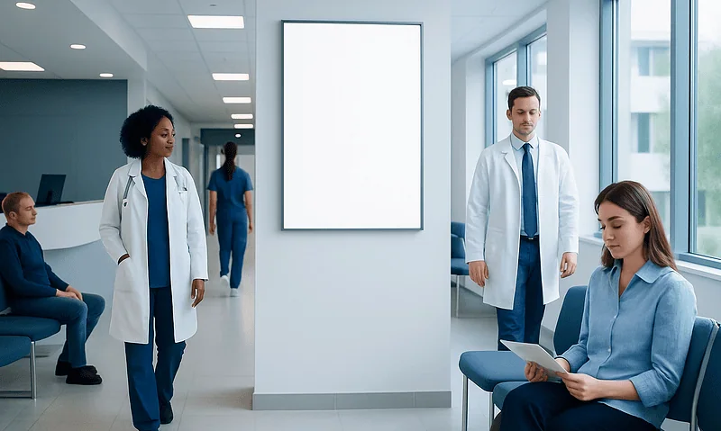 Medical professionals and patients in a hospital waiting area.