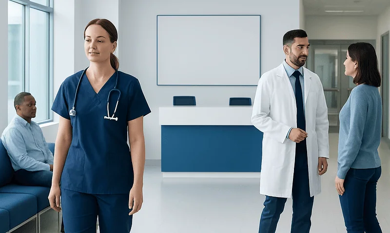 Healthcare professionals and patient in a modern hospital waiting area.