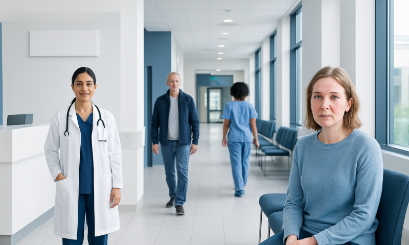 Patient waiting in hospital corridor with medical staff nearby.