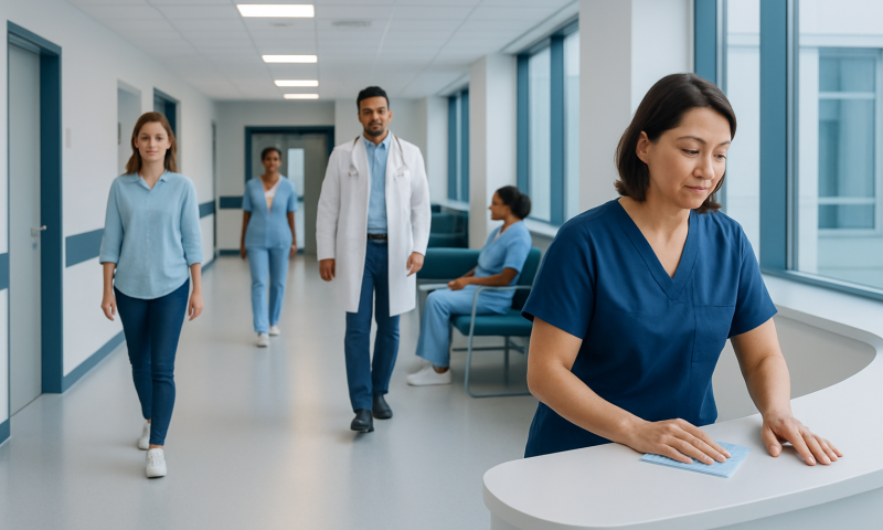 Healthcare professionals in a hospital corridor, with one nurse at a reception desk.