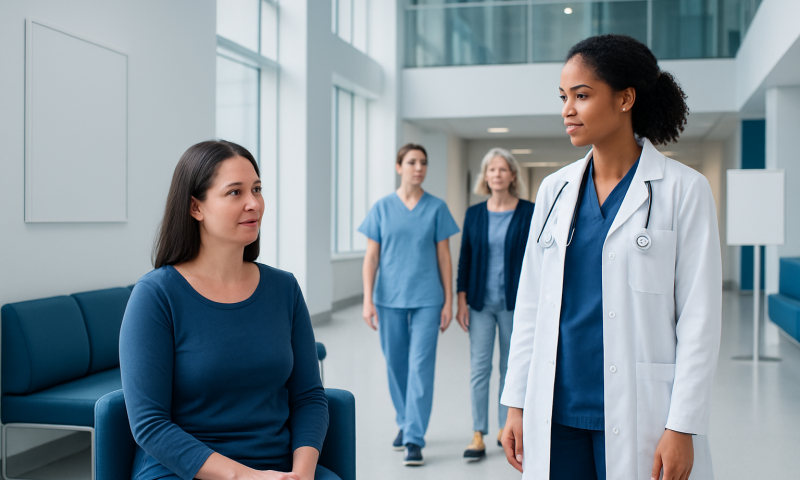 Doctor consulting female patient in hospital corridor with medical staff in background.