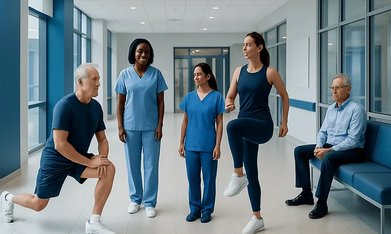 Physical therapy session with healthcare professionals and patients in hospital corridor.