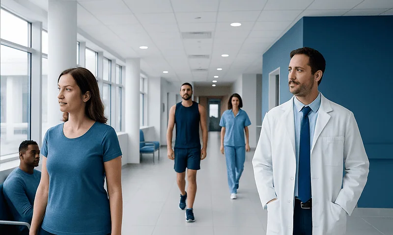 Medical professionals and patients in a hospital corridor at Acibadem Hospitals Group.