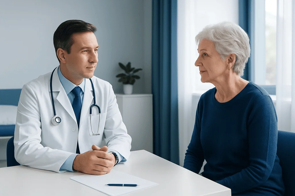Doctor consulting with elderly patient in a medical office.