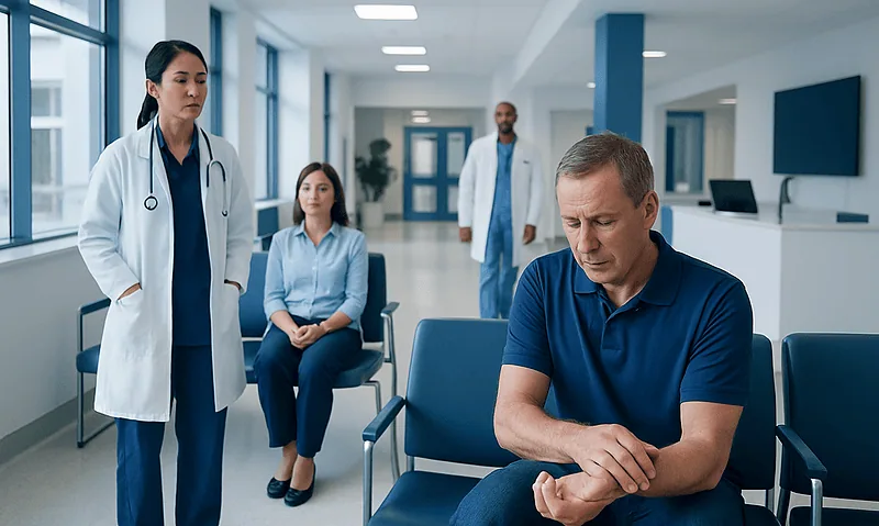 Doctor examining wrist pain in a hospital setting with medical staff present.