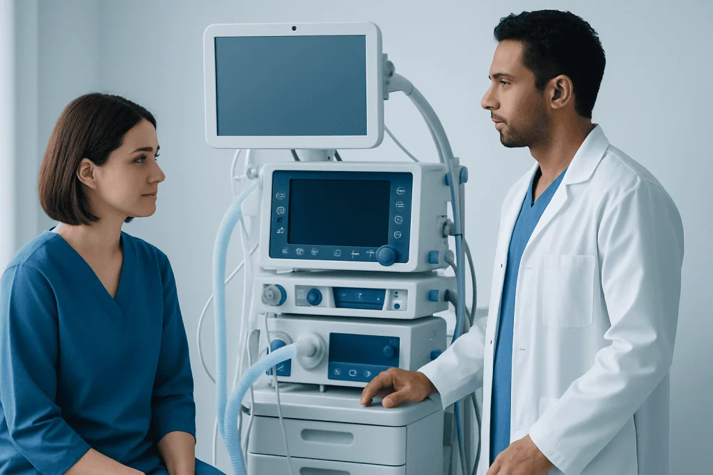 Medical professionals discussing patient care with ventilator in hospital.