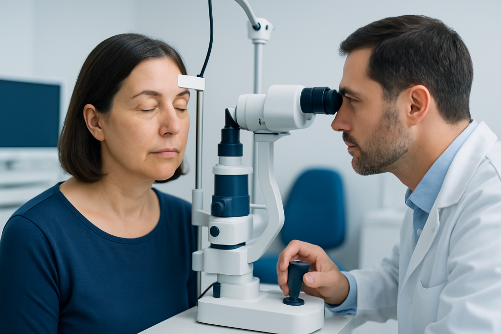 Ophthalmologist examining a woman's eye with a slit lamp in a clinic setting.