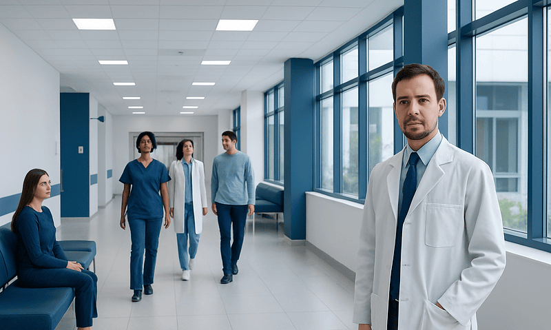 Medical team in hospital corridor with doctor in foreground.