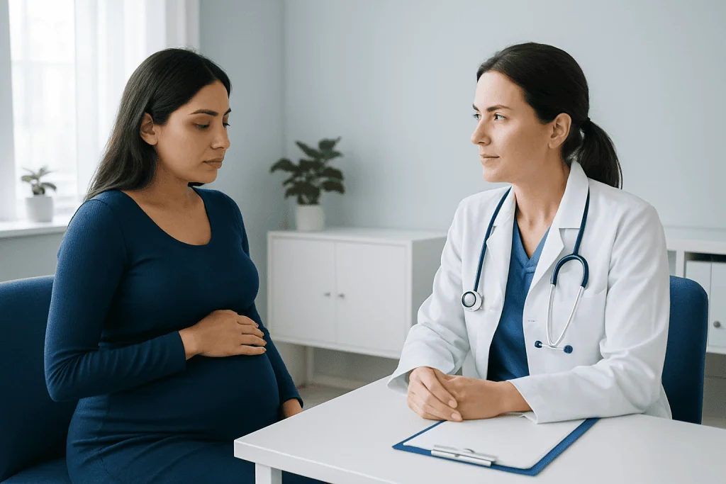 Pregnant woman consulting with a doctor in a clinical setting.